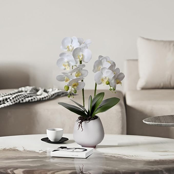 Orchid Artificial Orchids Flowers with Vase White Phalaenopsis Plant Silk Faux Orchids Fake Flowers Arrangements for Home Decoration Living Room Office Bedroom Bathroom Kitchen Dining Room