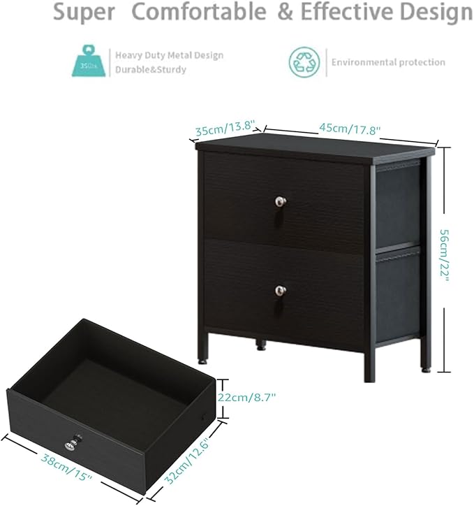 BOLUO Black Nightstand 2 Drawer Dresser for Bedroom,Small Night Stand End Table with Fabric Drawers Modern