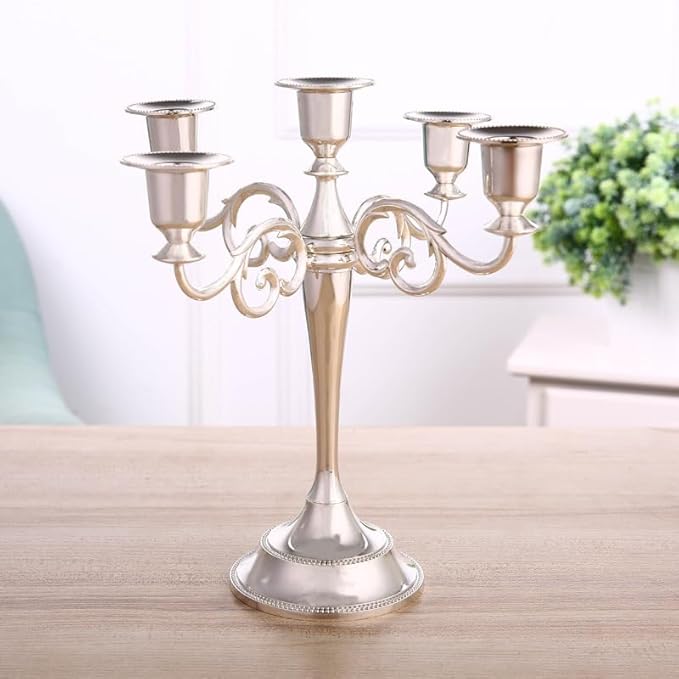 Black Candelabra Candle Holders for Pillar Candles 10.6 inch Tall, 5 Candle Candlestick Holder for 1/2-1 inch Taper Candles Halloween Candelabra Decoration Easy Assembly (Silver)