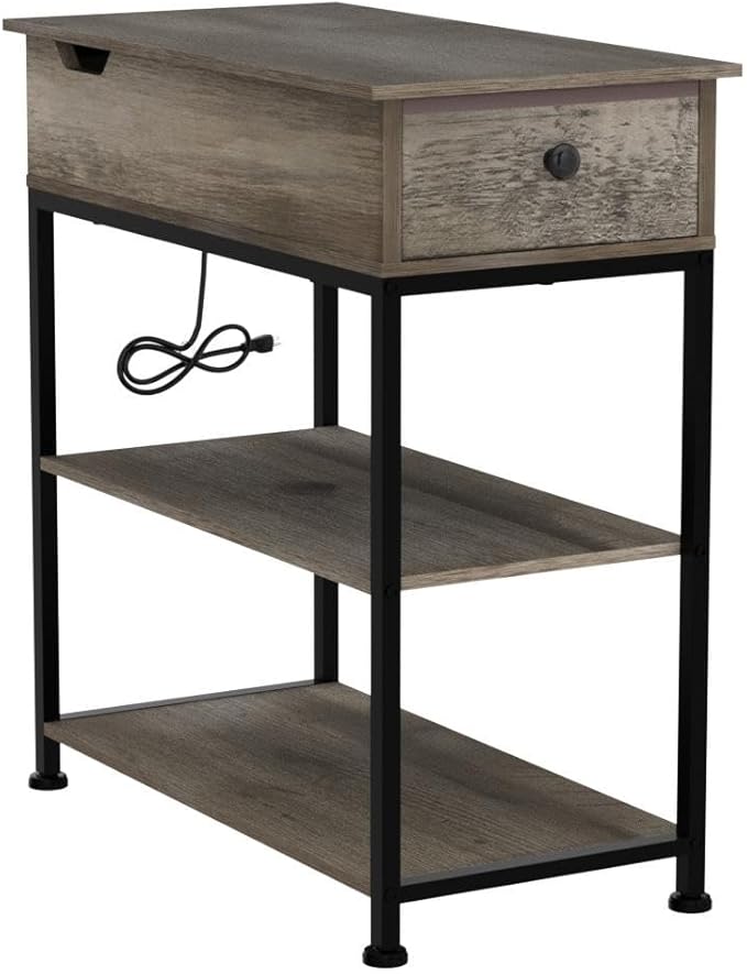 WLIVE Narrow Side Table with 2 USB Ports and 2 Outlets, Flip Top End Table with Drawer and Storage Shelves, Small Nightstand with Charging Station for Living Room/Bedroom, Greige