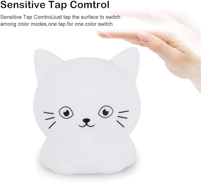 Cat Night Light, Rechargeable LED Bedside Lamp for Children, 9 Changeable Colors Silicone Nursery Lamp for Breastfeeding, Eyes Caring, Tap Adjustable Brightness & Color, Remote Control