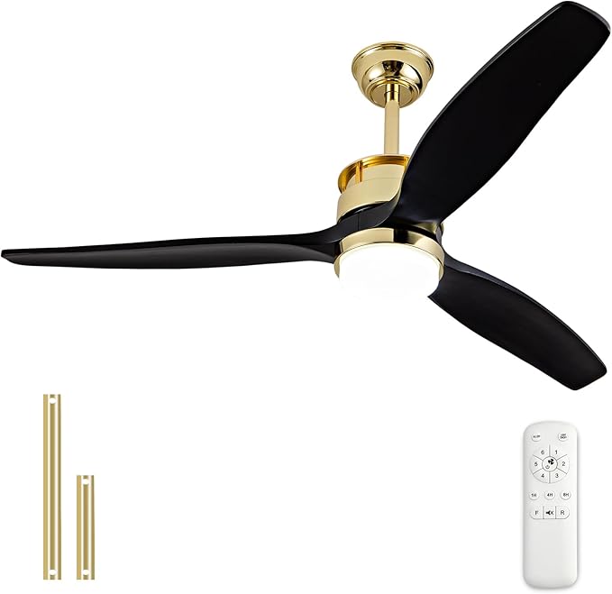 BOJUE 52 Inch Black Gold Ceiling Fans with Lights and Remote, Reversible Quite DC Motor,6 Speeds with Memory Program,Modern Farmhouse Wood Ceiling Fan with Light for Living Room Patio