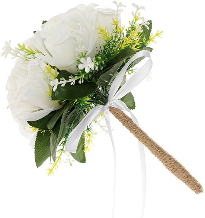 Eforcase Wedding Bouquet - Artificial White Rose Flower Bouquets for Bride and Bridesmaid - Faux Ribbon Holding Flowers for Wedding Decor