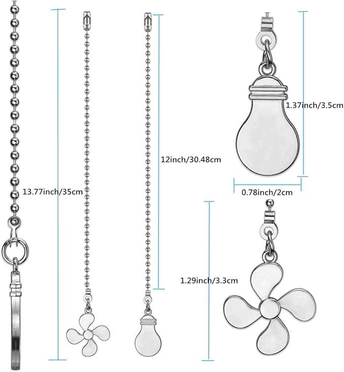 Ceiling Fan Pull Chain Set, 12 Inch Nickel, 4 Pieces Fan and Light Design Extension, for Ceiling Fan and Lighting
