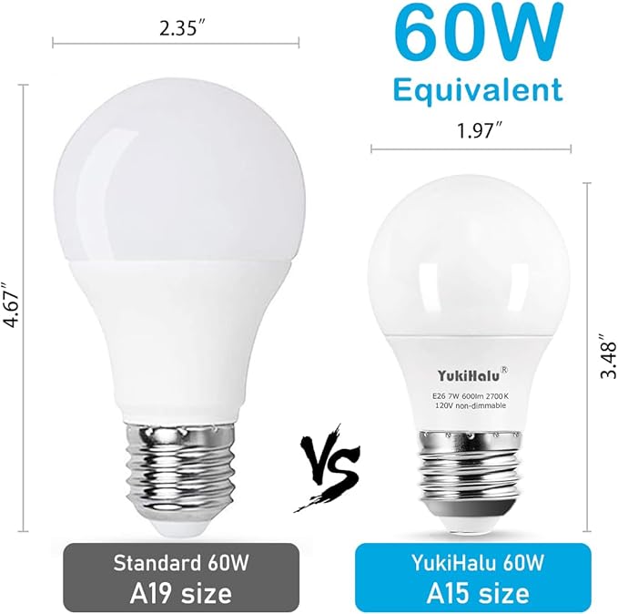 YukiHalu, A15 Appliance Light Bulb, 60W Equivalent for Range Hood/Refrigerator Light Bulb/Ceiling Fan Light, 600 Lumens 7W 120V 2700k Soft White E26 Base, Waterproof, Not Dimmable, 2-Pack