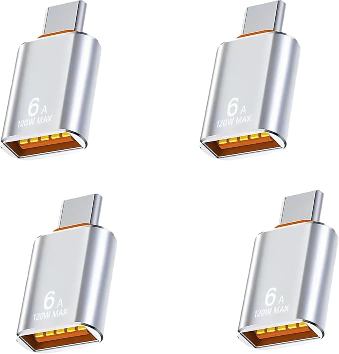 BOMIE USB C to USB Adapter 4 Pack,6A 120W Fast Charging 10Gbps Data Transfer,USB C Male to USB 3.2 Female OTG Adapter for Phone 15/16/17,Pad,Ma-cBook Pro/Air,Smartphone,Laptop,Tablet Silver