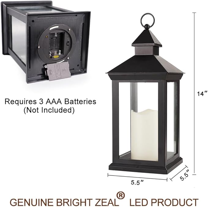 Bright Zeal 2-Pack 14" Decorative Candle Lantern Black Outdoor Lanterns with Timer Candles - IP44 Waterproof Vintage Lanterns Battery Powered LED Decorative for Wedding - Warm White Hanging Wall