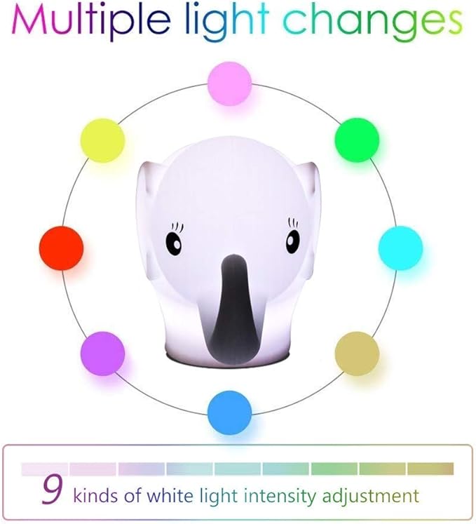 Night Light Kids with Cute Elephant Design Children's Room LED Bedside Lamp with Changeable RGB Colors Rechargeable Night Light Compatible with Touch-Control & Remote Control - Elephant