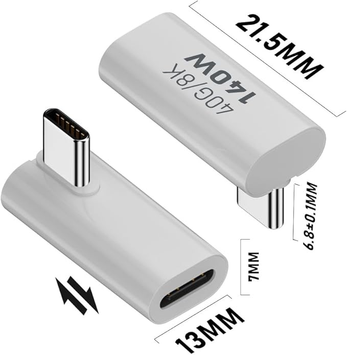 Right-Angled USB C Adapter, USB Type C Coupler Extender Support 140W, 40Gbps, 8K@60Hz for Laptop, Phones and More Type C Devices (White),2 Pack