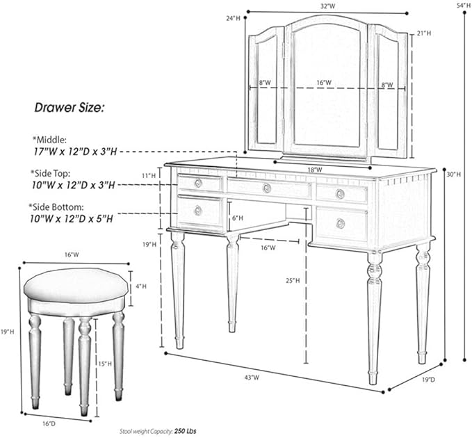 BOBKONA F4072 St. Croix Collection Vanity Set with Stool, Black