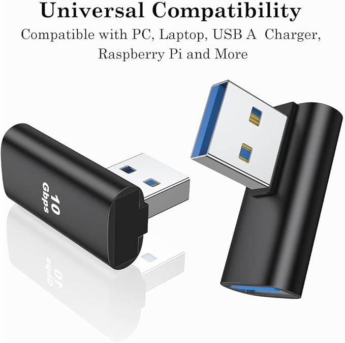 AuviPal 90 Degree USB 3.1 Adapter (2 Pack), Right and Left Angle USB A Male to Female Connector Extender for PC, Laptop, USB A Charger, Raspberry Pi and More