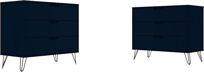Manhattan Comfort Rockefeller 3 Drawer Dresser for Bedroom Storage, Nursery, Closet, Living Room, Entryway, TV Stand for Screens up to 32 Inches, Anti-Tip Kit Included, Set of 2, Midnight Blue