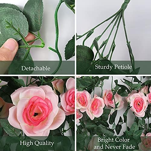 RECUTMS 4pcs Hanging Rose Flower Artificial Plants 32-in Fake Ivy Vine with 30 LED Fairy String Lights Outdoor UV Resistant Plastic Roses for Home Room Wedding Decor (Champagne)