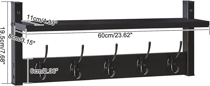 YMYNY Coat Rack Wall Mount with Shelf, 2 Pack 23.6" Coat Hooks Coat Hanger Wall Mount, Wall Hooks for Hanging, Hat Rack for Wall, Towel Hooks for Bathrooms, Black UHWS004B-2