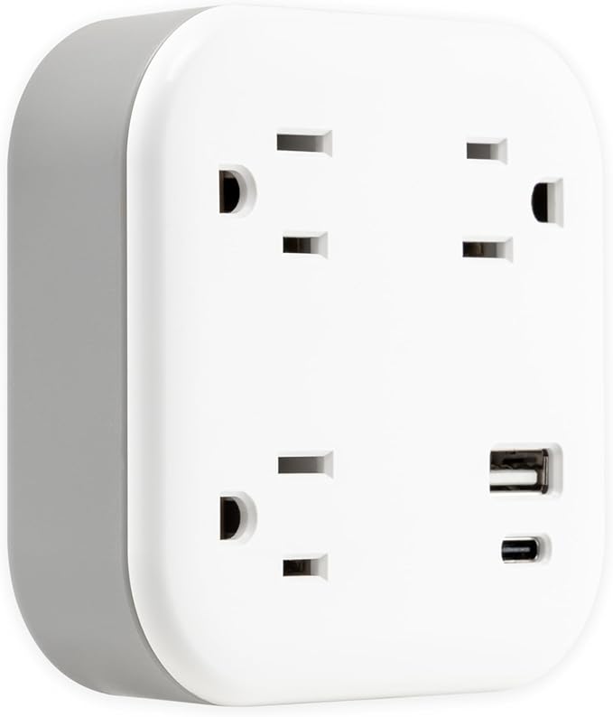 GE UltraPro 3-Outlet Surge Protector Wall Tap, 980J, USB-C & USB-A Ports, Adapter-Spaced Outlets, Circuit Breaker, ETL Certified, Low-Profile Design, White, 85875