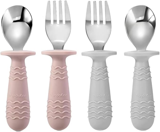 PandaEar 4 Set Baby Toddler Silicone Stainless Steel Utensils Silverware Spoon Fork for Baby Toddler BPA Free with Silicone Holding Anti-Choke Design (Pink&Grey)