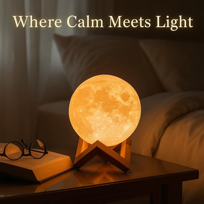Mydethun Moon Lamp - 3D Printed LED Night Light 4.7' with Wooden Base, White Elephant Gift for Women, Mom, Kids, Christmas Thanksgiving Table Decor Touch-Dimmable & Dual-Color, White & Yellow