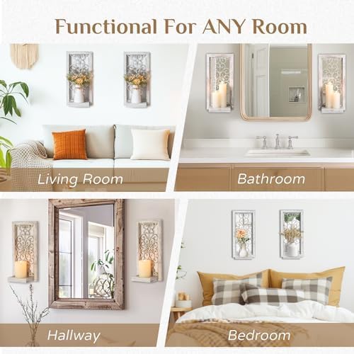 Mirrored Wall Candle Holders Decorative White - Farmhouse Wall Candle Sconces Set of 2 Washedwhite Candle Holder Decor for Small Vase Tealight Pillar Candles