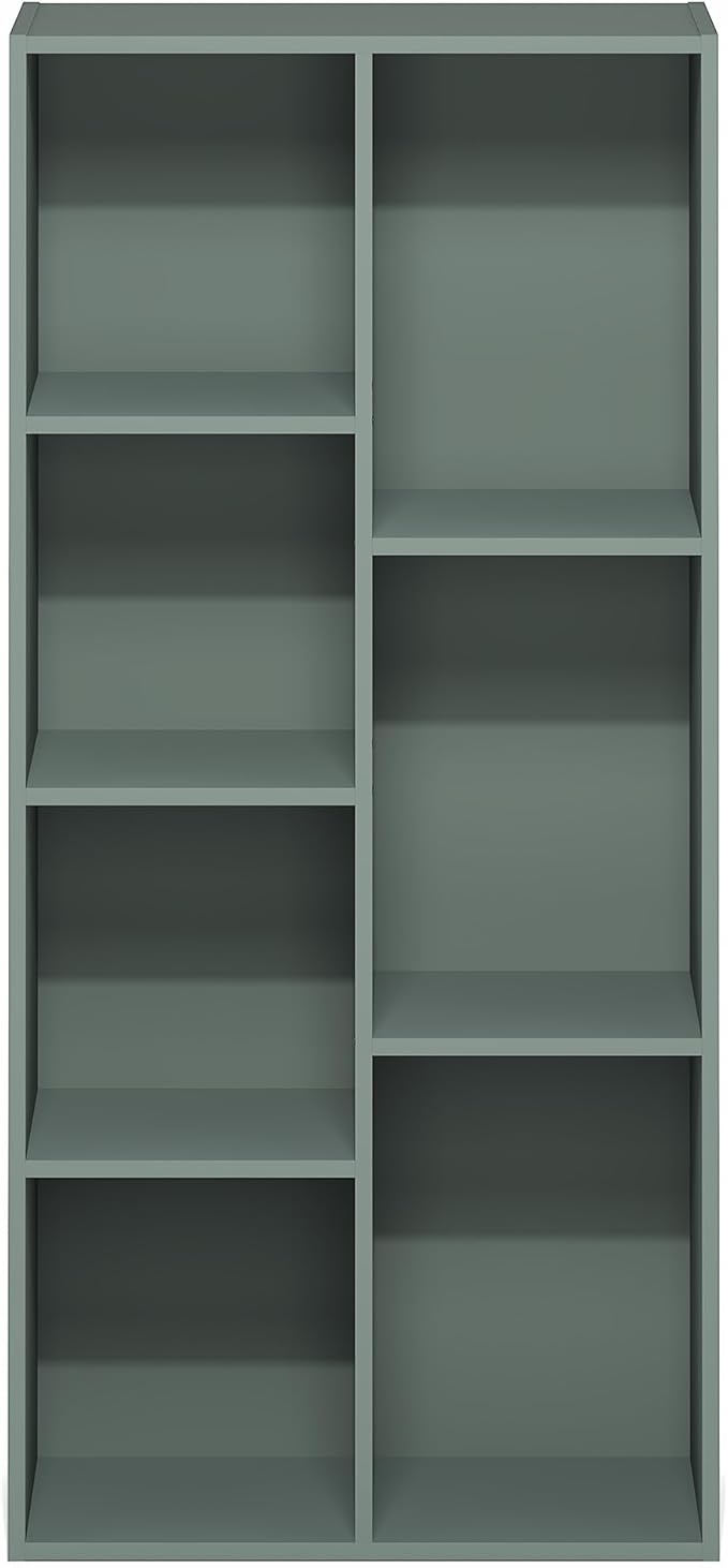 Furinno LUDER Book Shelf, 7-Cube Bookshelf, Bookcase, 9.4" x 19.5" x 41.7", for Living Room, Bedroom, Home Office, Sage Green