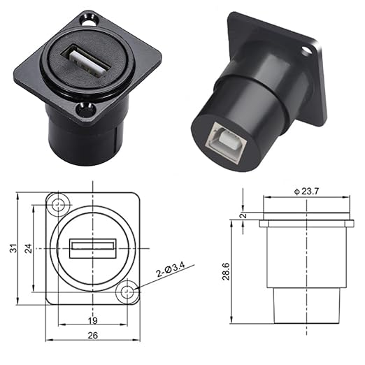 2PCS Panel Mount USB A to USB B Connector for Printer, D Type Female USB 2.0 Scanner Converter Adapter for HP, Canon, Dell, Epson, Lexmark, Xerox and More
