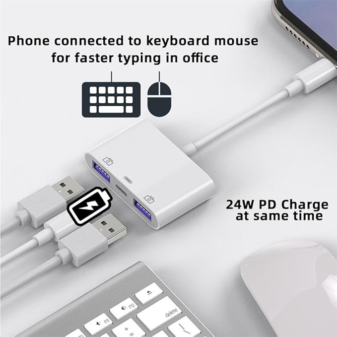 NFHK Type C USB-C to Dual Type-A USB3.0 Female with PD Power Charge Adapter Compatible with Laptop Tablet Phone