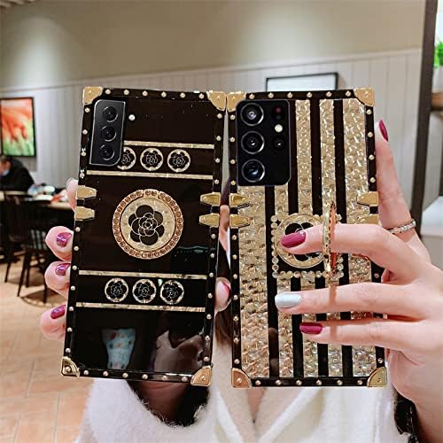 for Samsung Galaxy A53 5G Case, Gold Bling Glitter Rose Flower Design Soft Trunk Cover with Ring Kickstand