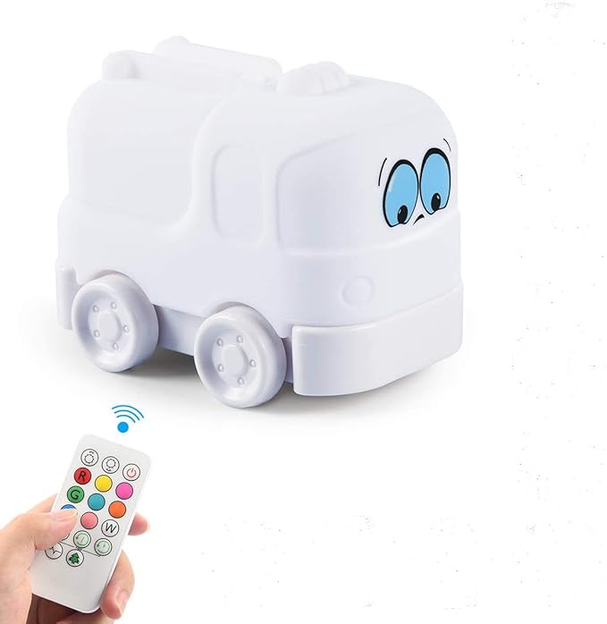 Night Light Kids with Cute Car Design Children's Room LED Bedside Lamp with Changeable RGB Colors Rechargeable Night Light Compatible with Touch Control & Remote Control - Fire Truck