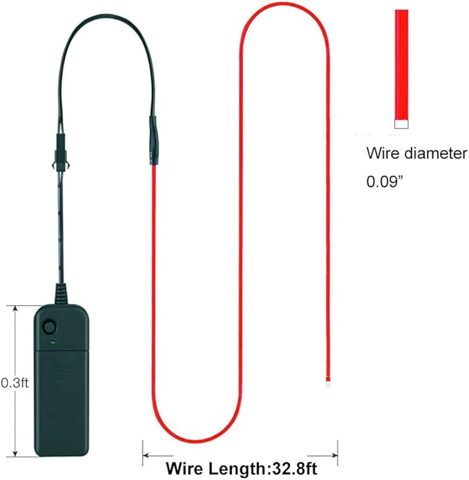 MaxLax EL Wire Red, 32.8ft/10m Portable Battery Pack Neon Light Strip 360° Cuttable Glowing Rope Lights for Parties, Halloween, DIY Decoration