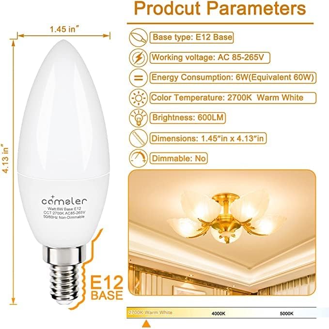 comzler 8 Pack Candelabra LED Light Bulbs E12 Base 60 Watt Equivalent, 2700K Warm White B11 Chandelier E12 Small Base Type B Light Bulbs Shape, 600 Lumens Ceiling Fan Light Bulbs, No-Dimmable