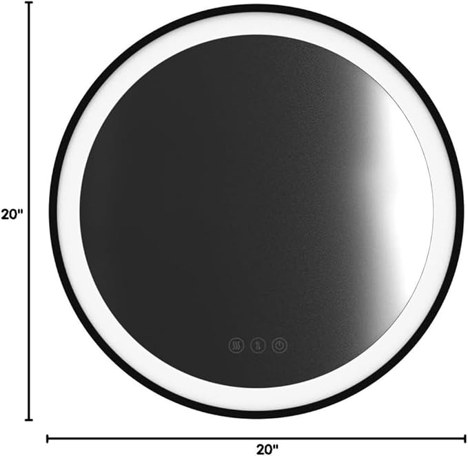 Black Frame Round Lighted Vanity Mirror with Lights Smart Memory 3 Color Dimmable Frontlight Anti-Fog 20 Inch Black Framed Circle Round LED Mirror for Bathroom Wall Makeup