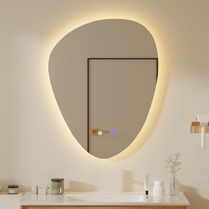 QDSSDECO Irregular LED Bathroom Mirror with Lights,Asymmetrical Led Bathroom Vanity Mirror for Wall with Front and Backlit, Anti Fog, 3 Colors and Dimmable Light, 22" x 28"