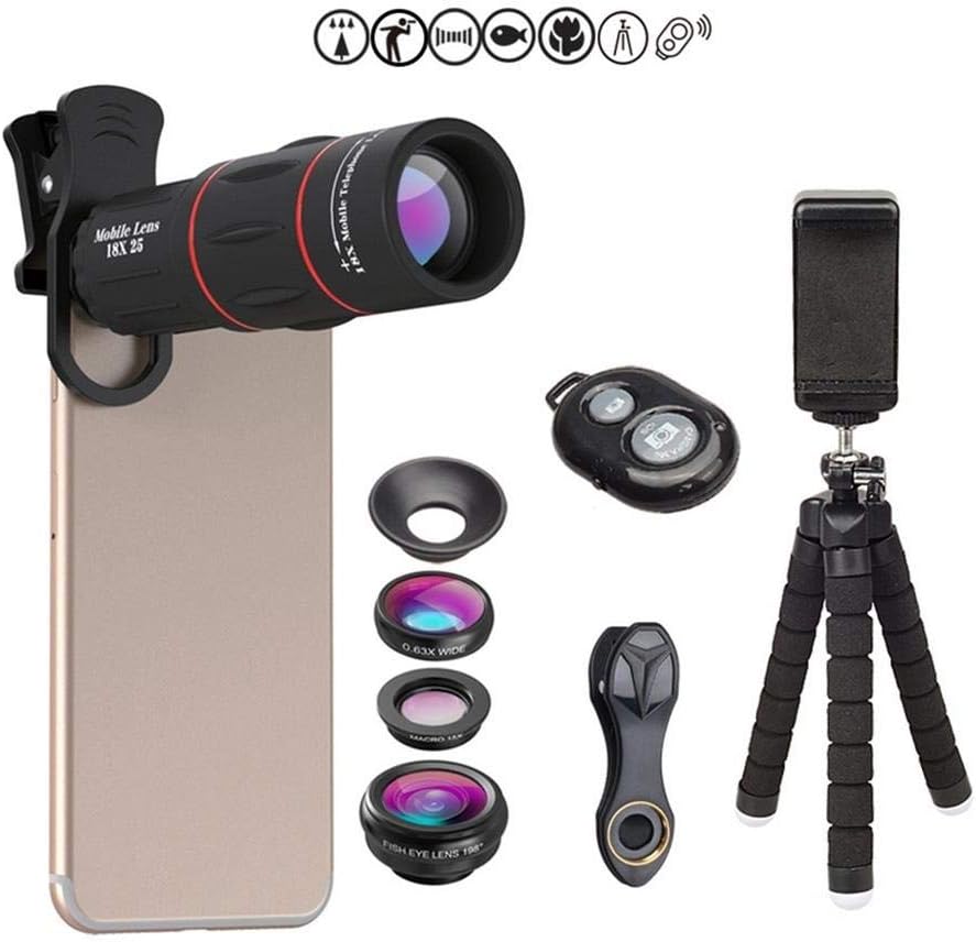 Phone Camera Lens Kit - 4 in 1 Cell Phone Camera Lenses Kit - 18X Telescopic Lens, 198° Fisheye Lens, 0.36 Super Wide