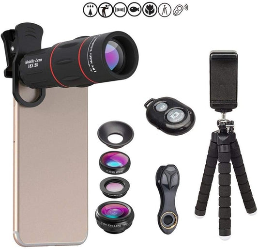 Phone Camera Lens Kit - 4 in 1 Cell Phone Camera Lenses Kit - 18X Telescopic Lens, 198° Fisheye Lens, 0.36 Super Wide