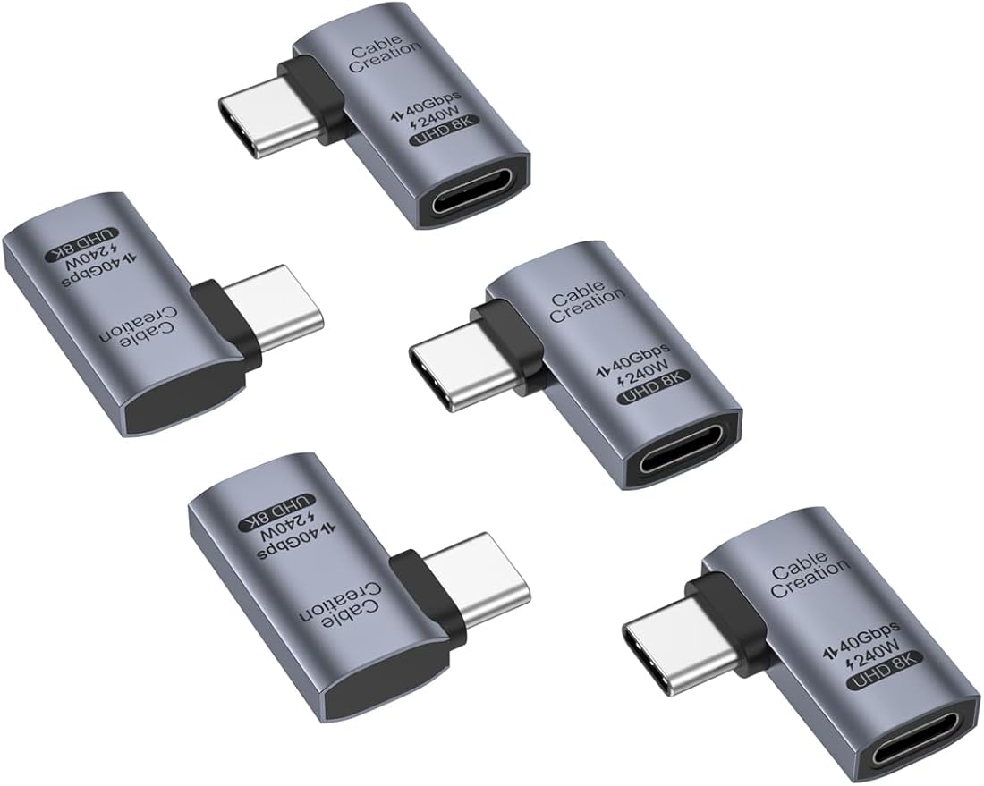 CableCreation Right Angle USB C Adapter 5 Pack, USB C Male to Female 90 Degree Adapter 40Gbps 240W Compatible with Thunderbolt 4, USB 4, Notebook, PC, Tablet, Phone and More, Right Angle