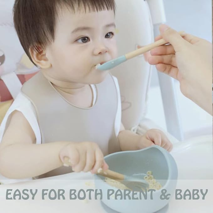Ginbear Silicone Baby Spoons and Forks Self-feeding 12-18 Months, Soft Tip Baby Flatware Sets for Boy, Toddler Feeding Utensils for Child, 4 Piece Set (Gray/Blue)