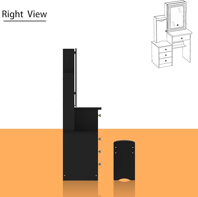 FAMAPY Vanity Mirror with Lights Desk and Chair, Vanity Desk with Sliding Lighted Mirror, Makeup Vanity with Lights, Drawers & Crystal Handles, Cushion Stool, Black