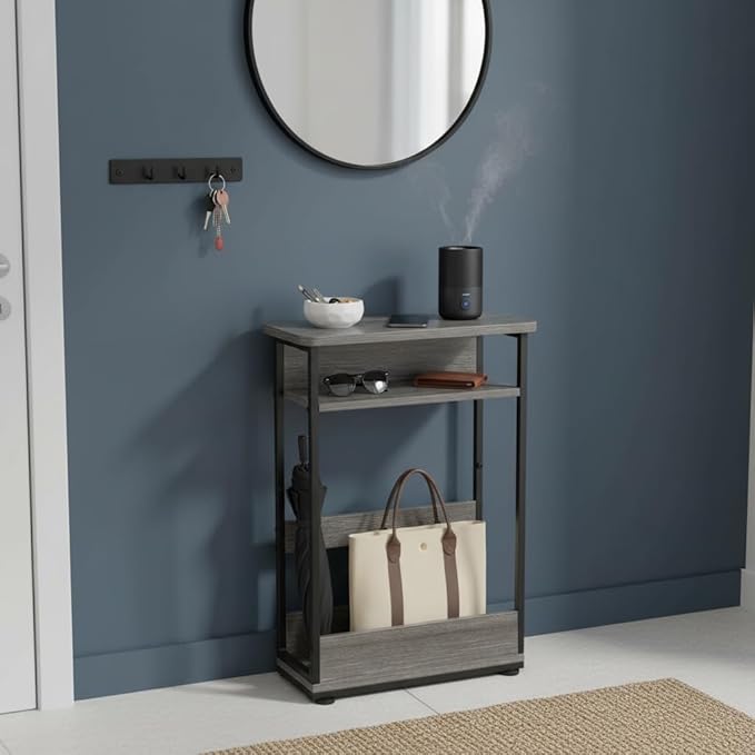 Narrow Side Table,3-Tier Slim End Table with Storage Shelf,Modern Sofa Table Thin Side Table for Narrow and Small Spaces, Skinny Bedside Table Small Nightstand with Magazine Rack Space Saving/Grey