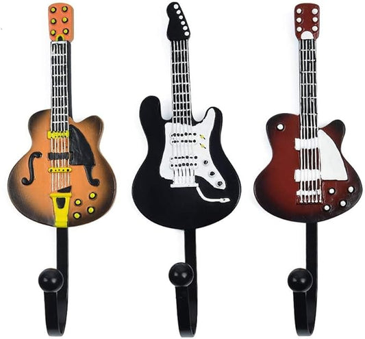 KUNGYO Vintage Guitar Shaped Decorative Hooks Rack Hangers for Hanging Clothes Coats Towels Keys Hats Metal Resin Hooks Wall Mounted Heavy Duty (3-Pack) (Guitar Hook-B)