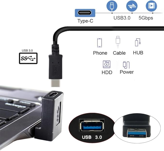 NFHK USB-C Type C Female 90 Degree Down Angled to USB 3.0 A Male Data Adapter for Laptop Desktop