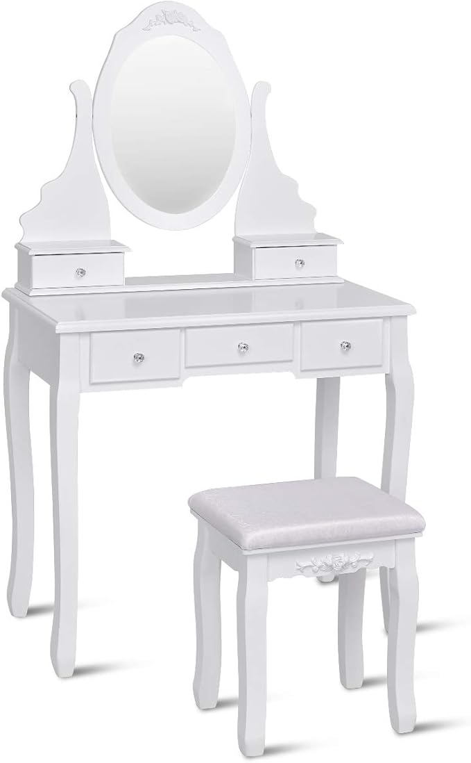 Giantex Vanity Set with Oval Mirror & Cushioned Stool, Makeup Dressing Table Large Storage with 5 Drawers, Mirrored Bedroom Vanities Makeup Table for Kids Girls Women, Easy Assembly (White)