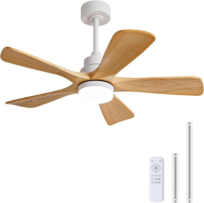 BOJUE 42 Inch Outdoor Ceiling Fans with Lights and Remote Control, Dimmable 5 Blade Wood Outdoor Ceiling Fans for Patios, White Natural Wood Bedroom Ceiling Fan with Lights, Noiseless DC Motor