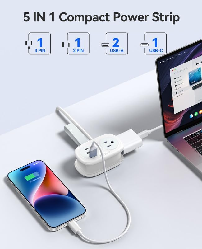 ORICO Travel Power Strip, 3.7FT Small Extension Cord, Portable Power Strip Flat Plug with 2 AC Outlets 3 USB Ports (1 USB C), Multi Plug Extension Cord for Travel, Cruise, Office, Hotels