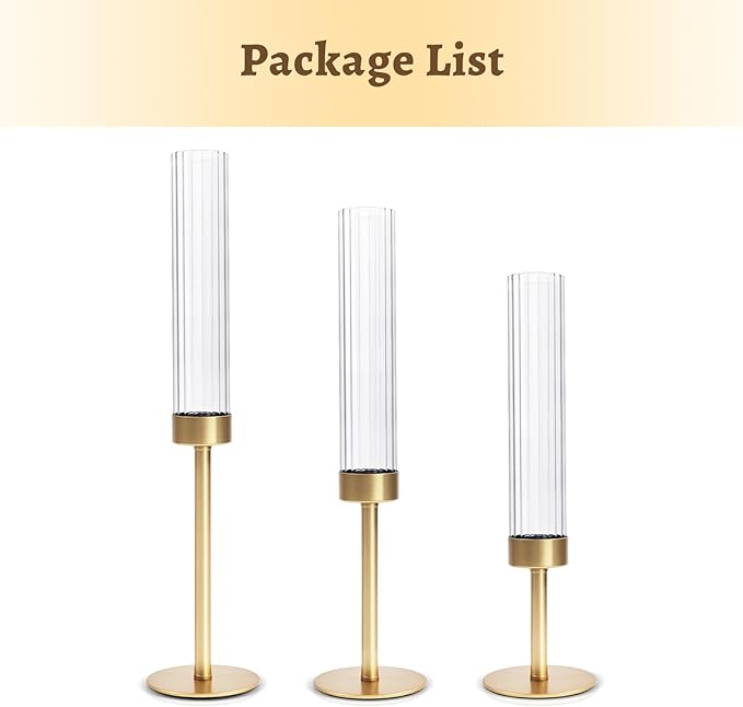 Gold Hurricane Glass Candle Holders: Cadhodenm Tall Glass Candlestick Holder for Wedding Set of 3 Brass Taper Candle Holders Modern Candle Sticks Holder for Table Centerpiece Party Christmas Home