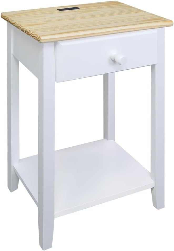 Casual Home Owl Night Stand with USB Port Charging Station and Drawer, 17.5" W x 14.25" D x 24.5" H, Natural White