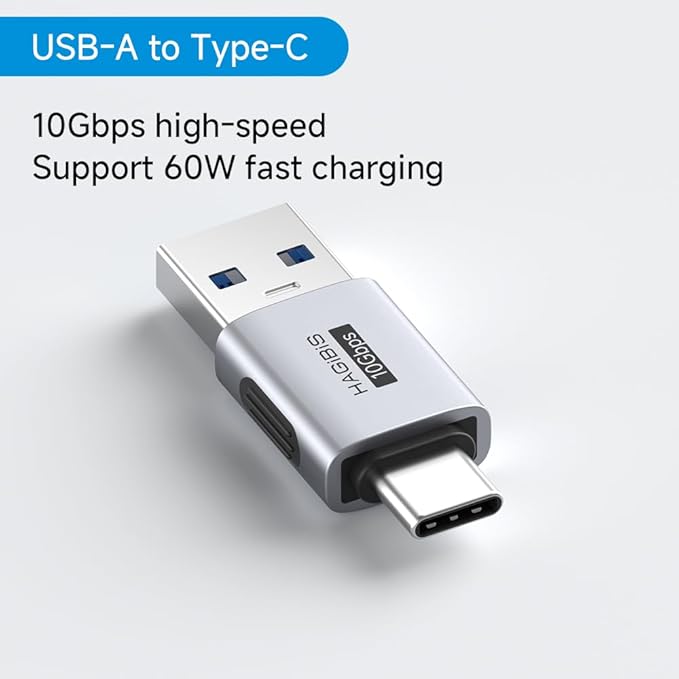 Hagibis USB 3.2 Adapter 2 Pack, USB-A Male to USB-C Male Connector OTG Converter 10Gbps 60W Adapter Extender for Laptops Charger PC Phone Tablet Car (ZJTN12)