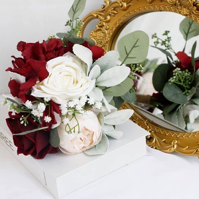 Artificial Flowers Bridesmaid Bouquets - Set of 2 Bridesmaid Bouquet Burgundy White Handmade Silk Floral Bouquet for Wedding Ceremony Anniversary, Bridal Shower, Home Table Decorations