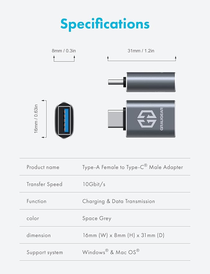 GRAUGEAR USB to USB-C Adapter Pack of 2, 10Gbps Data Transfer, USB-C Male to Type-A Female Adapter, Compatible with PC, Laptop, MacBook, iPhone, iPad, Apple Watch, USB Charger, Type C Devices