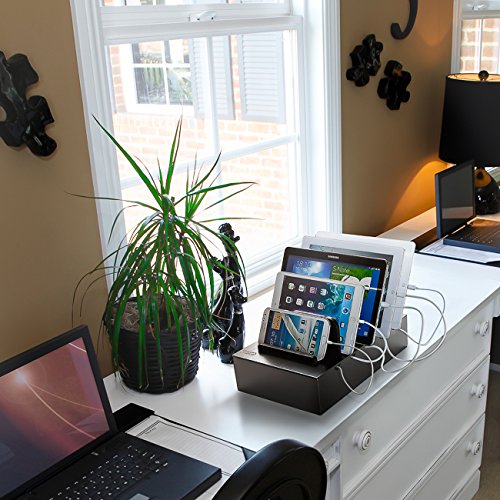 Prosumer's Choice Black Family Charging Station, 5 Device Organizer Charger for Smartphones and Tablets, Wooden Rack