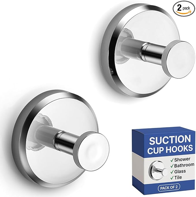 HOME SO Suction Cup Hooks for Shower, Bathroom, Kitchen, Glass Door, Mirror, Tile – Loofah, Towel, Coat, Bath Robe Hook Holder for Hanging up to 15 lbs – Waterproof & Rustproof, Chrome (2-Pack) …