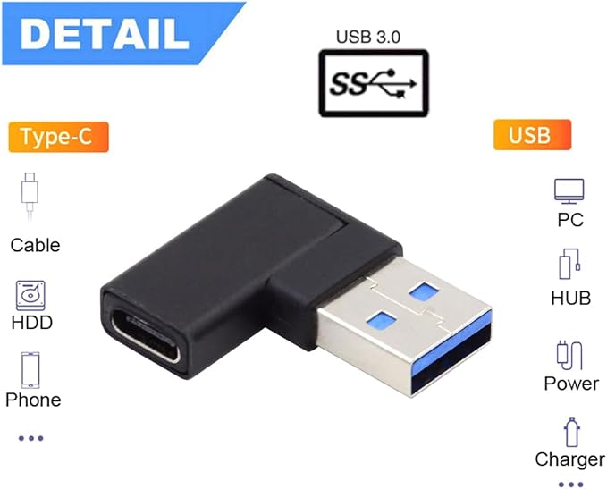 CY USB-C Type C Female to USB 3.0 A Male Data Adapter Flat Horizontal 90 Degree Left Angled for Laptop Desktop